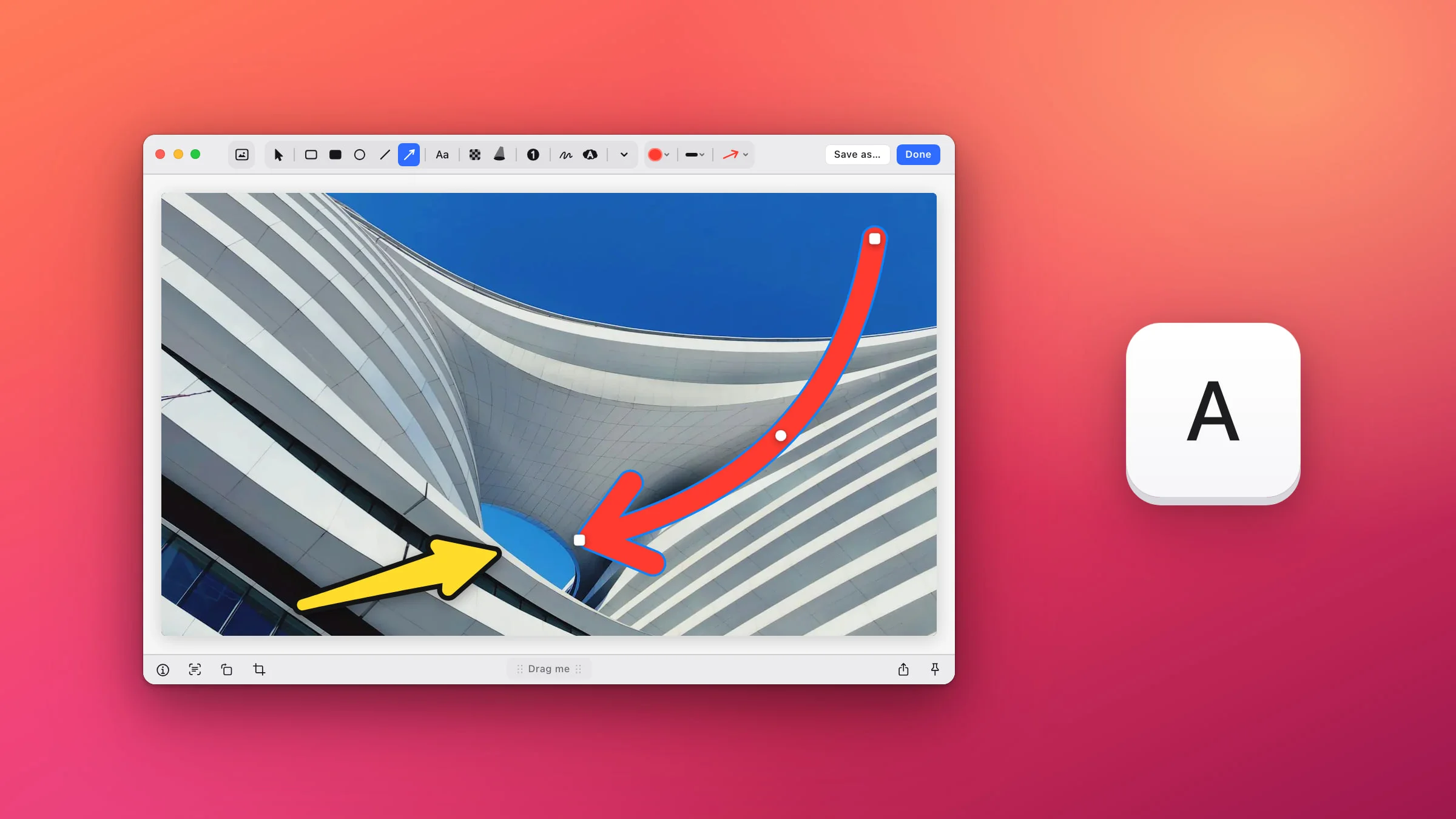 The Snapix editor on a coral gradient with the Arrow tool picked, showing a photo of a curving white building: a bold yellow Sticker arrow and a thick, selected red curved arrow both point at a round patch of blue sky, beside a large A keycap