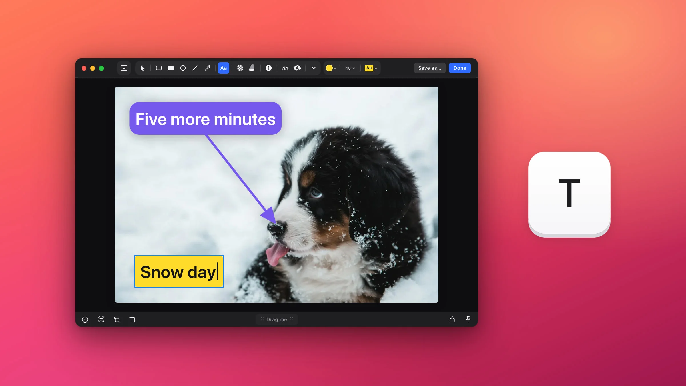 The Snapix editor with the Text tool picked and a photo of a puppy in the snow: a purple speech bubble reading Five more minutes points at its nose, and a yellow Snow day label is being typed, beside a large T keycap