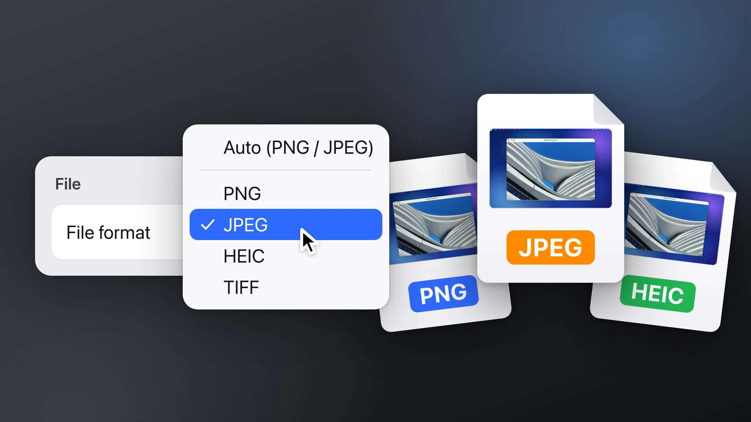 The Snapix File format menu open on a dark background, listing Auto (PNG / JPEG), PNG, JPEG, HEIC and TIFF with JPEG chosen, next to three screenshot files labelled PNG, JPEG and HEIC