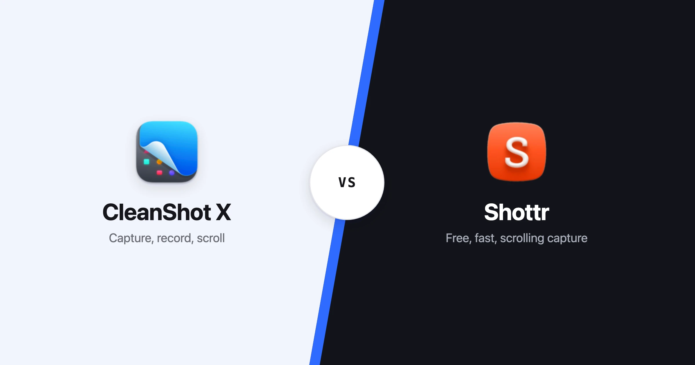 CleanShot X and Shottr side by side — capture, record and scrolling capture versus a free, fast tool with scrolling capture