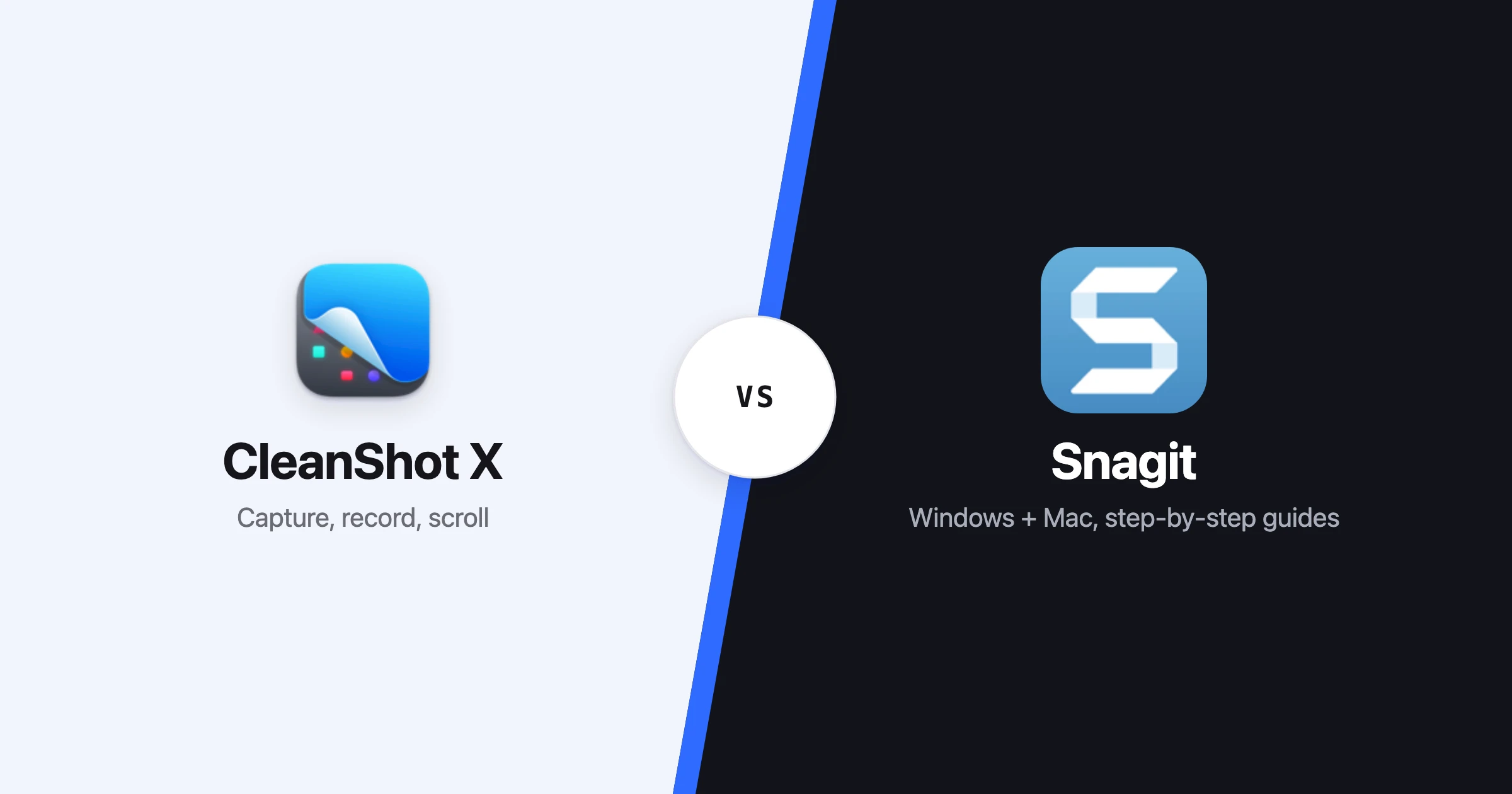 CleanShot X and Snagit side by side — capture, record and scrolling capture versus a Windows and Mac tool for step-by-step guides