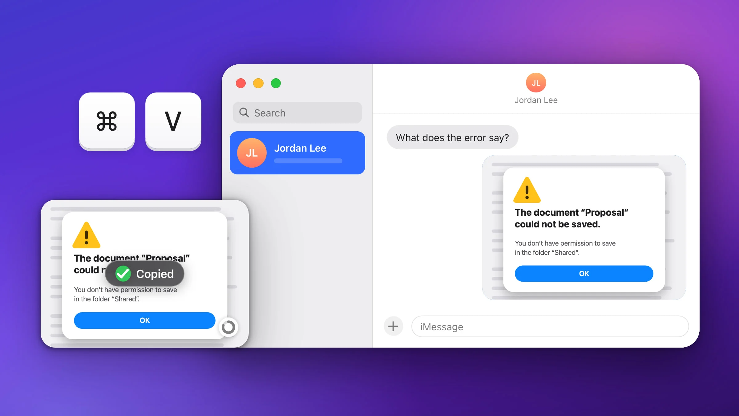 The Snapix preview card of a captured “could not be saved” error alert with its Copied badge and green check, the Command and V keys, and a Messages chat where the same error has been pasted under the question “What does the error say?”