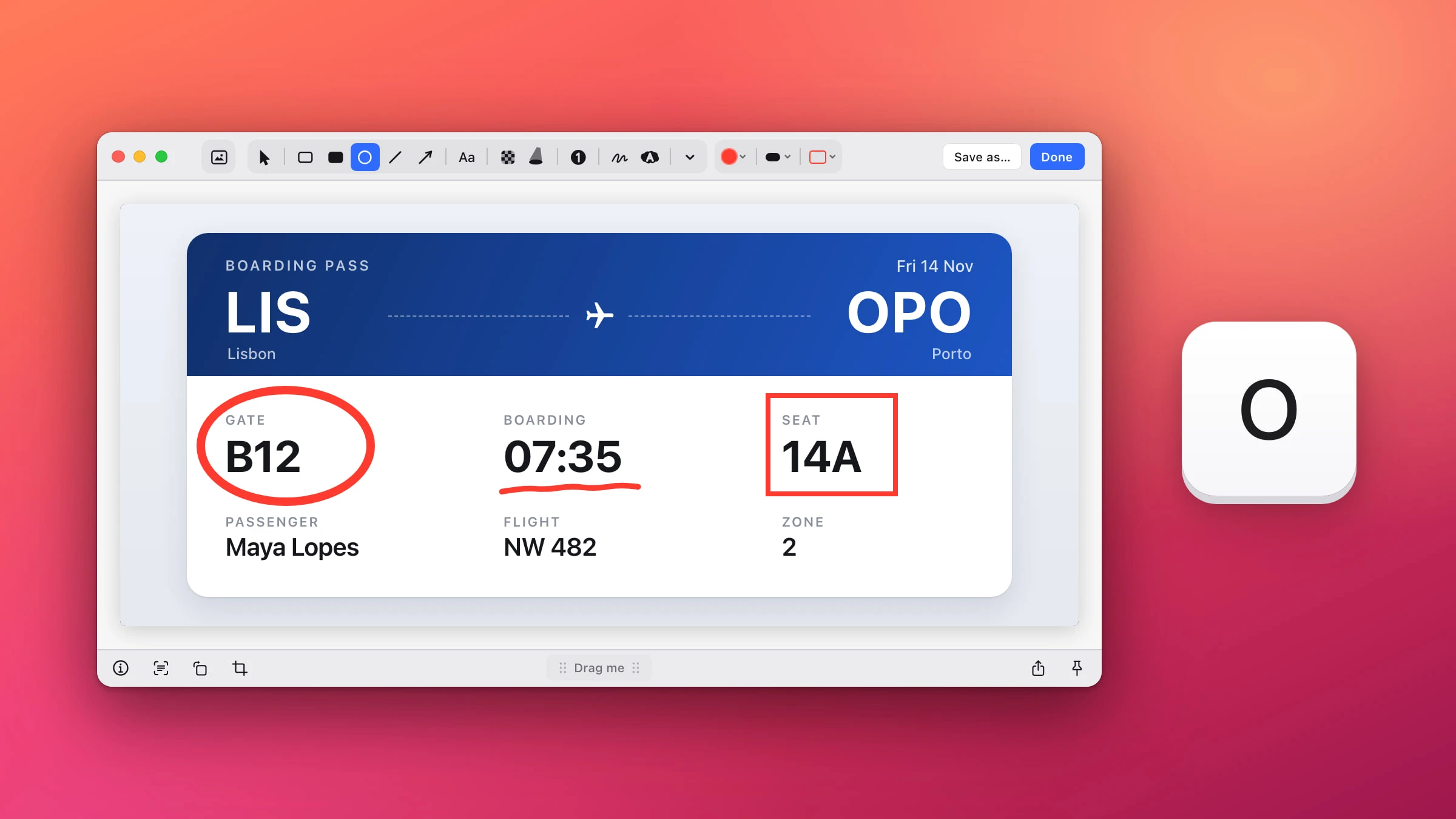 The Snapix editor with the Ellipse tool picked and a boarding pass open: the gate, B12, is circled in red, the boarding time is underlined by hand and seat 14A is boxed, beside a large O keycap