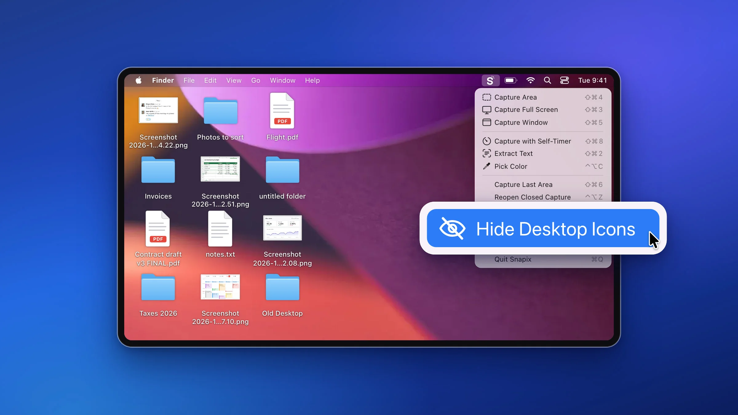 A Mac desktop with three columns of folders, PDFs and screenshot files on the left and bare wallpaper beside them, with the Snapix menu open and its Hide Desktop Icons row picked and shown enlarged