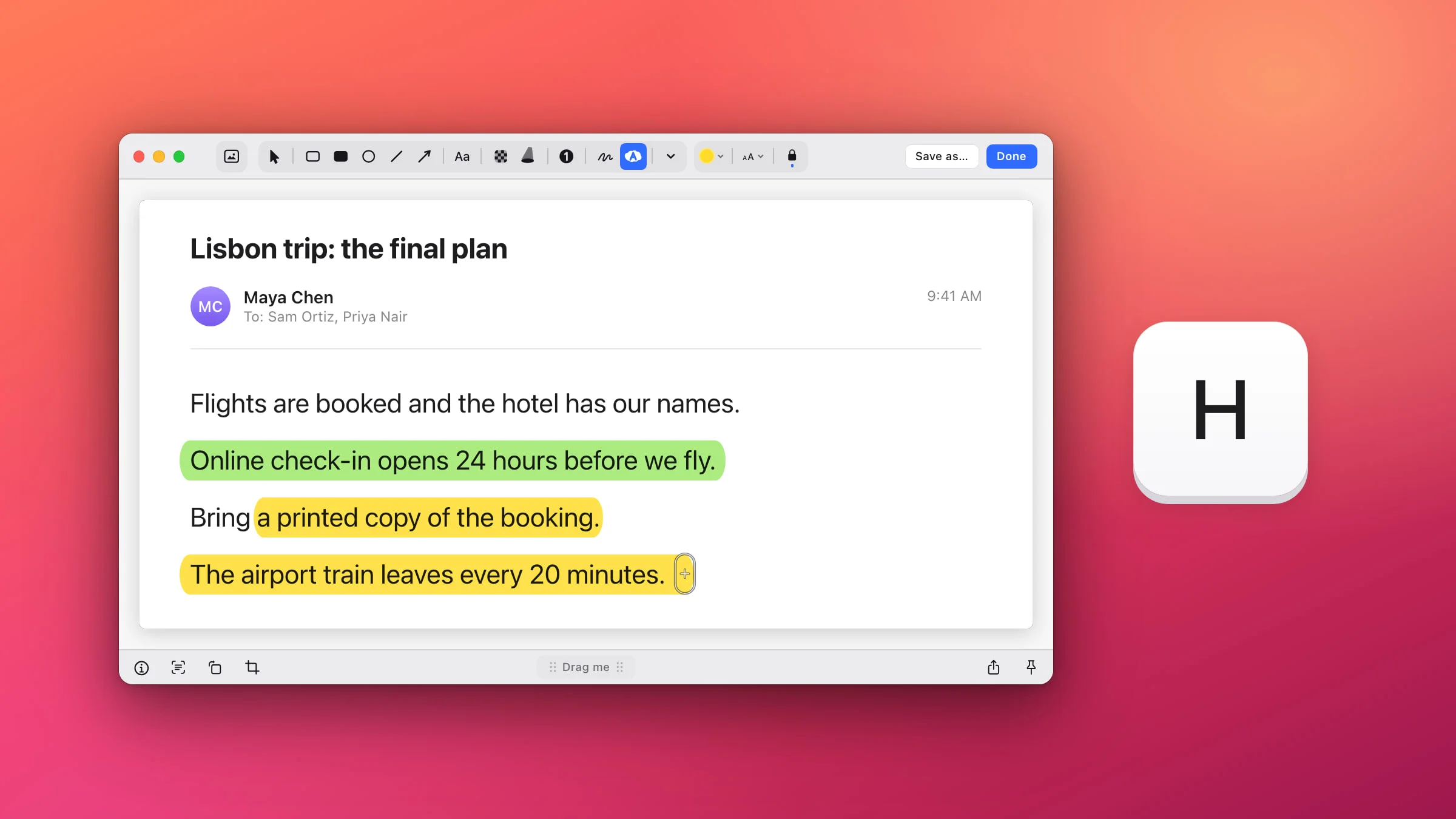 The Snapix editor with the yellow Highlighter picked, open on an email about a Lisbon trip: one line marked with a green band and two with yellow bands, the marker pointer resting at the end of the last one, beside a large H keycap