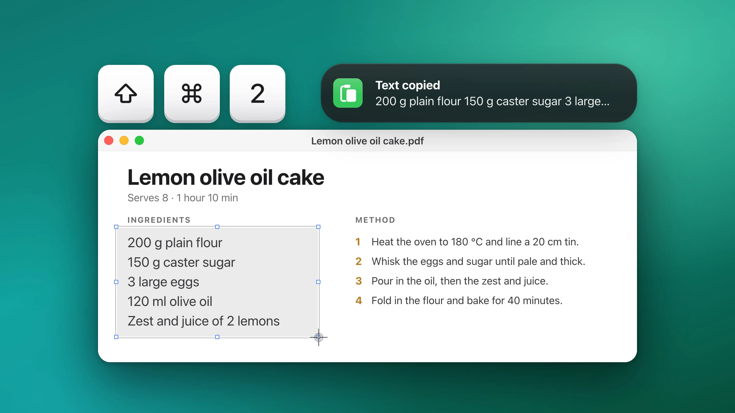 The ⇧⌘2 keys and Snapix's “Text copied” banner, which shows “200 g plain flour 150 g caster sugar 3 large…”, above a recipe PDF with the Extract Text marquee around its ingredient lines, on a teal background.