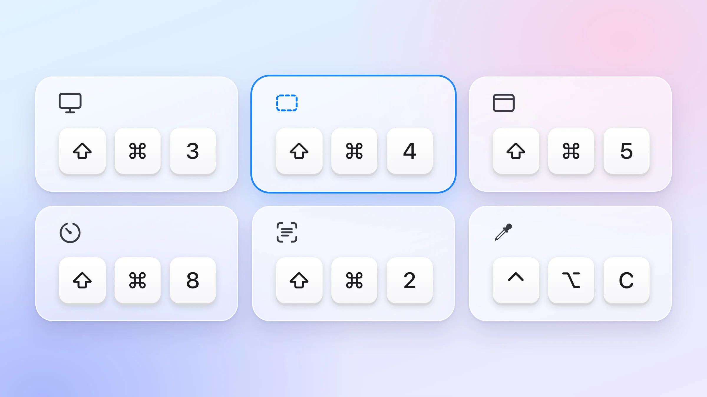 Six screenshot shortcuts as big keycaps on frosted tiles, each with its icon: Shift-Command-3, Shift-Command-4 (ringed in blue) and Shift-Command-5 on top, Shift-Command-8, Shift-Command-2 and Control-Option-C below