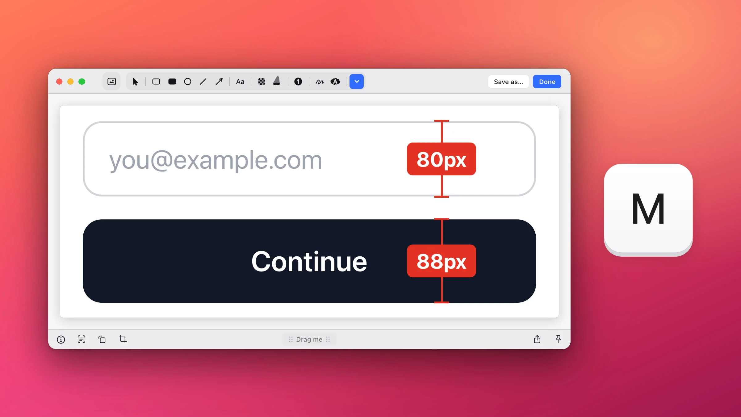 The Snapix editor with the Measure tool armed on a zoomed-in screenshot of a sign-in form: red rulers read 80px down the email field and 88px down the Continue button, beside a large M keycap