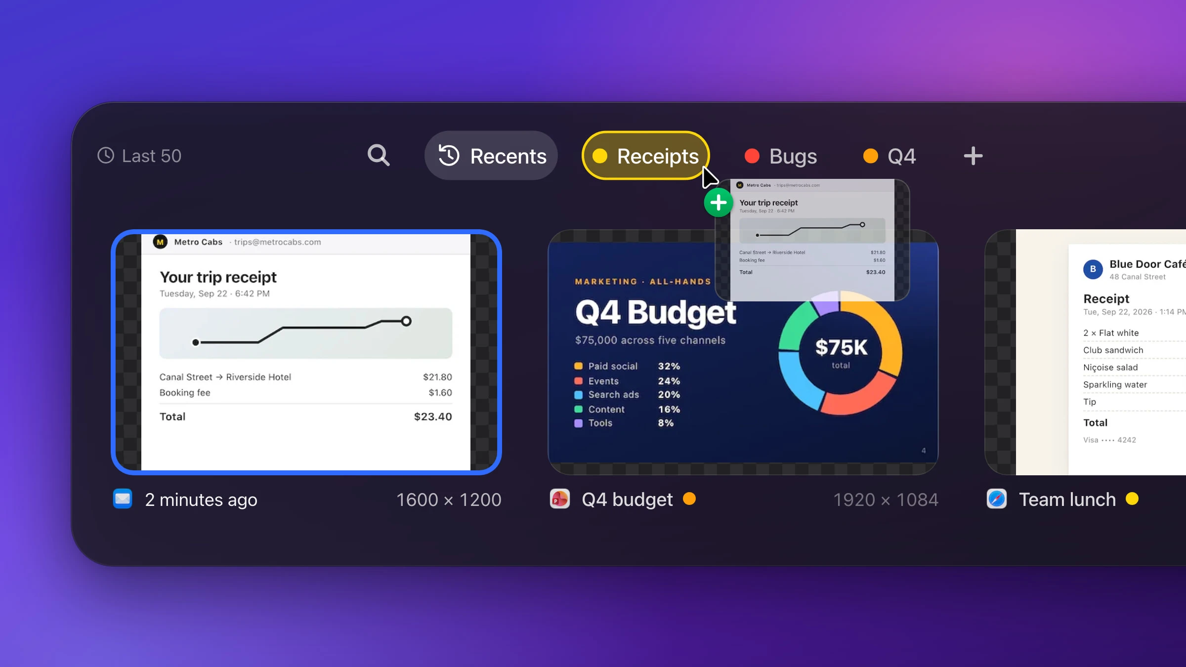 Snapix Recent Captures with list pills for Recents, Receipts, Bugs and Q4, and a taxi receipt being dragged onto the Receipts pill, which lights up yellow