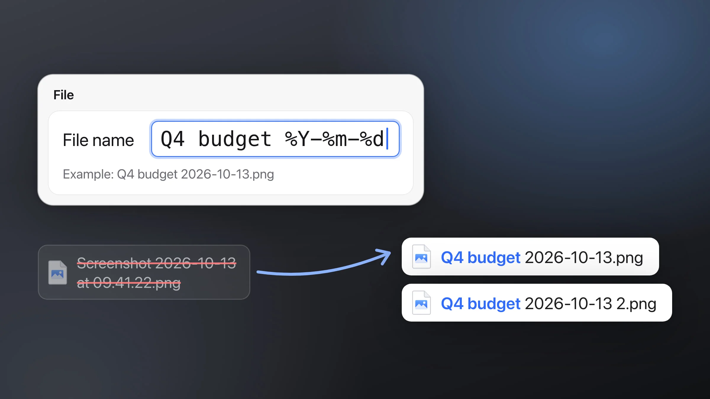 Snapix Settings with the File name field set to "Q4 budget %Y-%m-%d" and the line "Example: Q4 budget 2026-10-13.png". Below it, the usual name "Screenshot 2026-10-13 at 09.41.22.png" is struck out, and an arrow points to two files named "Q4 budget 2026-10-13.png" and "Q4 budget 2026-10-13 2.png"