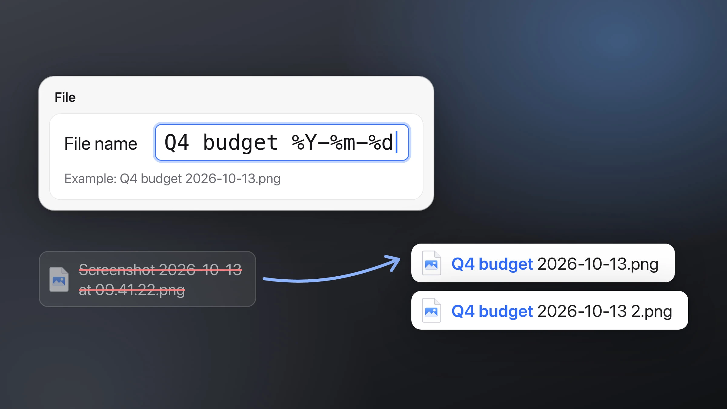Snapix Settings with the File name field set to "Q4 budget %Y-%m-%d" and the line "Example: Q4 budget 2026-10-13.png". Below it, the usual name "Screenshot 2026-10-13 at 09.41.22.png" is struck out, and an arrow points to two files named "Q4 budget 2026-10-13.png" and "Q4 budget 2026-10-13 2.png"