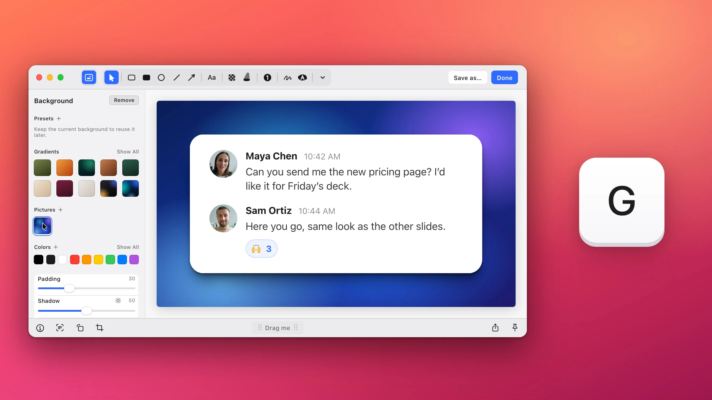 The Snapix editor with its Background panel open on the left and Pictures ▸ Desktop picture picked: a team chat screenshot sits on a blue-violet wallpaper with wide padding, a soft shadow and rounded corners, beside a large G keycap
