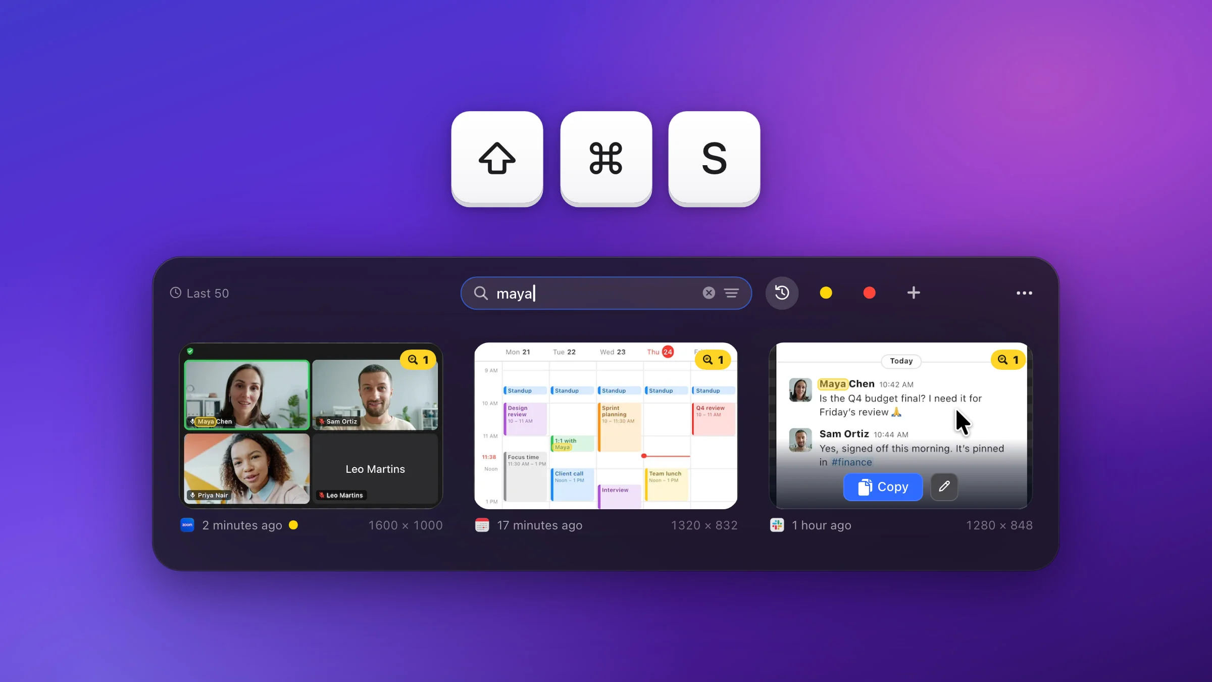 Large ⇧ ⌘ S keycaps above the Snapix Recent Captures strip searching for “maya”: three captures are left, a video call, a calendar and a Slack thread, each with a yellow match badge and the name Maya marked