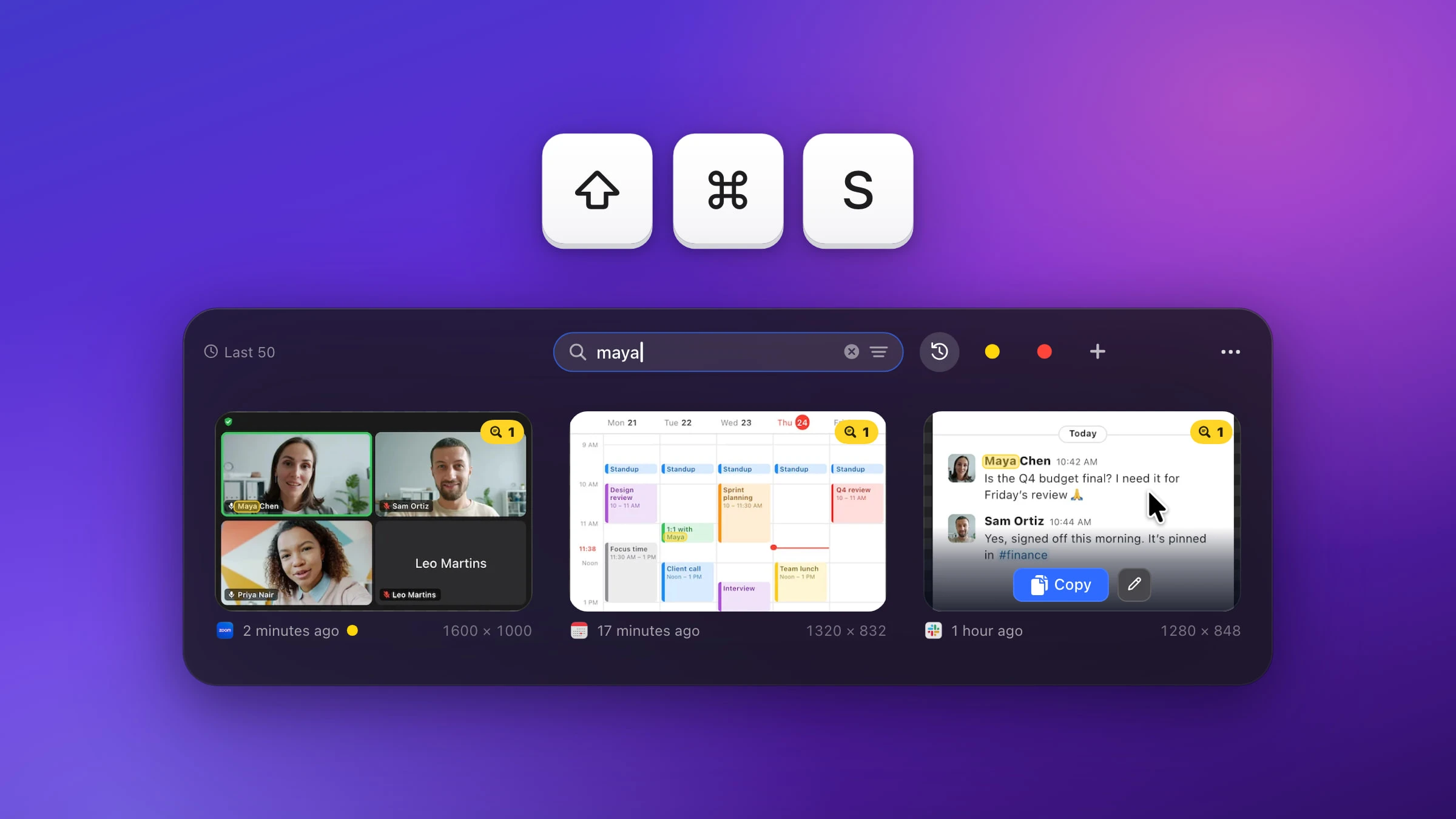 Large ⇧ ⌘ S keycaps above the Snapix Recent Captures strip searching for “maya”: three captures are left, a video call, a calendar and a Slack thread, each with a yellow match badge and the name Maya marked