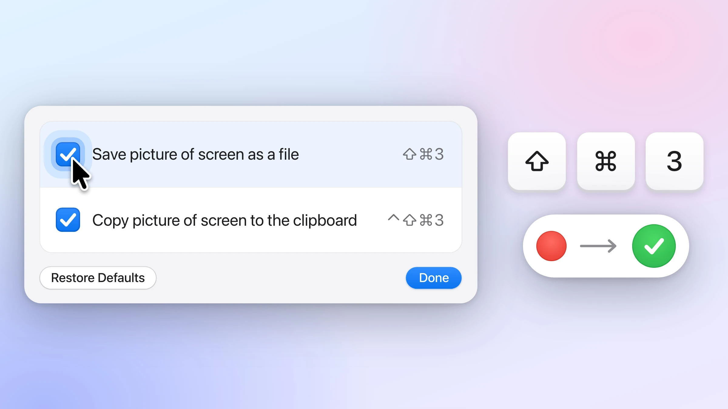 Two Screenshots rows from macOS Keyboard Shortcuts settings, with the pointer on the newly ticked box for Save picture of screen as a file, beside large Shift, Command and 3 keycaps above a red dot that turns into a green check