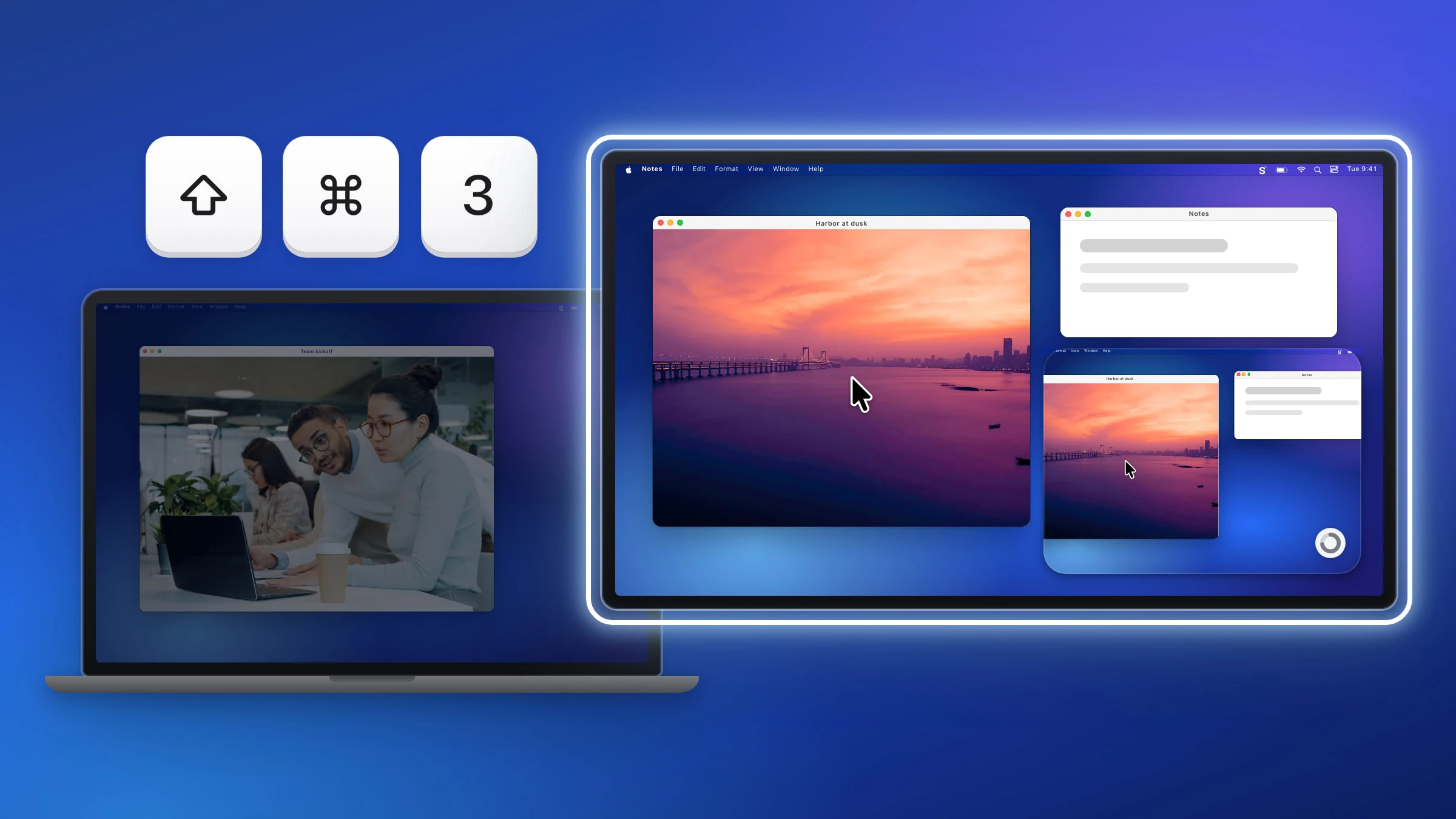 A MacBook and an external display side by side: the external display is outlined in white with the pointer on it and a large Snapix preview card of itself in its corner, while the MacBook screen is dimmed under large ⇧ ⌘ 3 keycaps