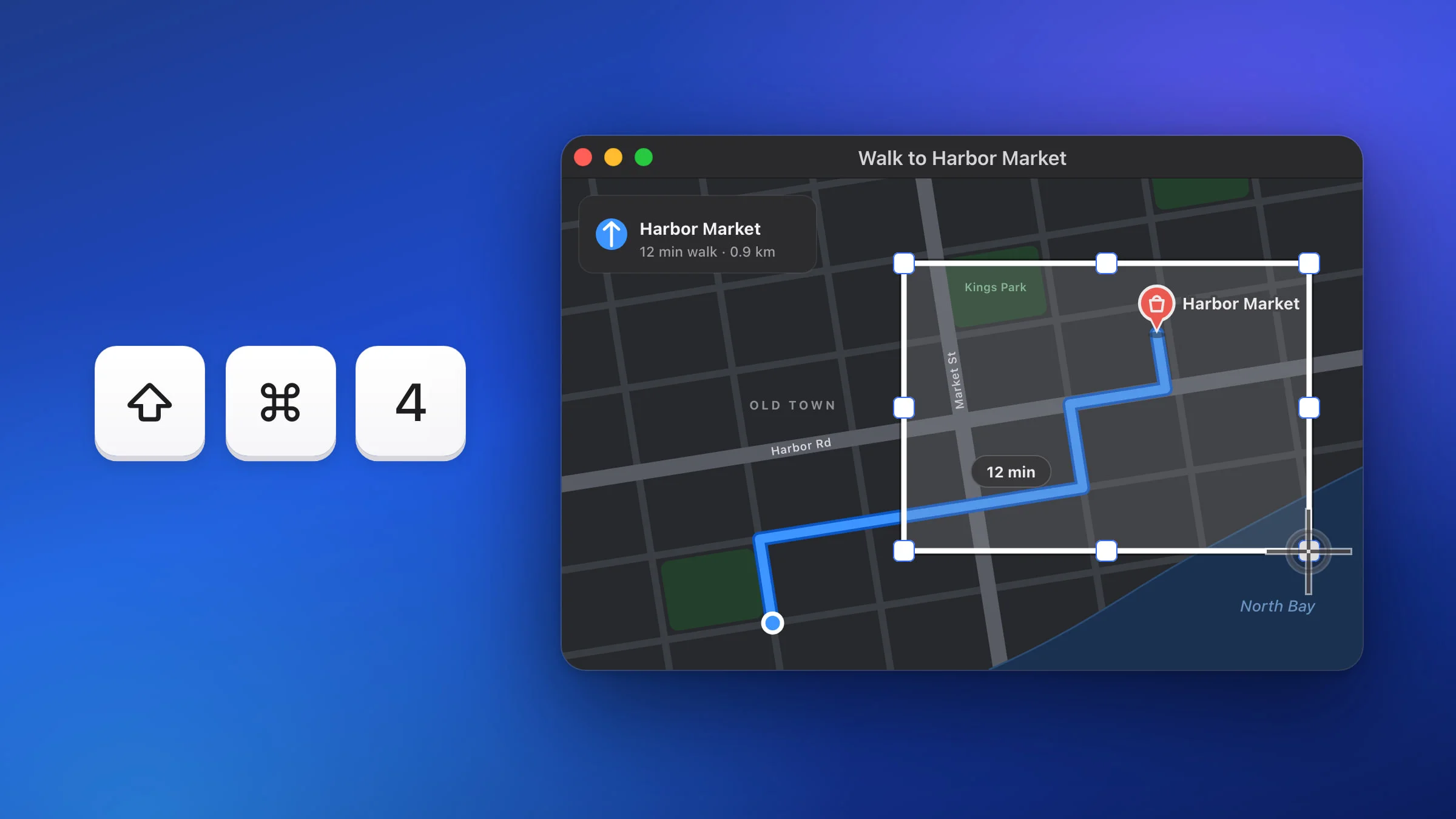 A dark Mac window with a map of a walking route, a Snapix area selection with white handles dragged over the end of the route and the Harbor Market pin, the crosshair at its corner, and the keys Shift, Command and 4