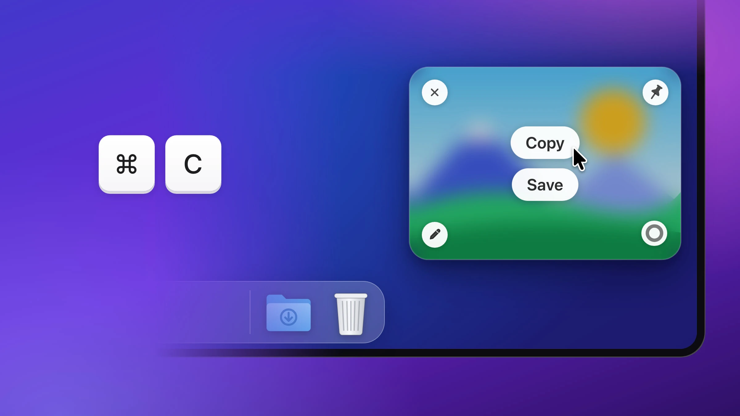 A Snapix screenshot preview of a drawing of a sunny landscape with blue mountains and green hills, in the bottom-right corner of a Mac screen above the Dock, showing Copy and Save with the pointer on Copy, next to ⌘C keycaps