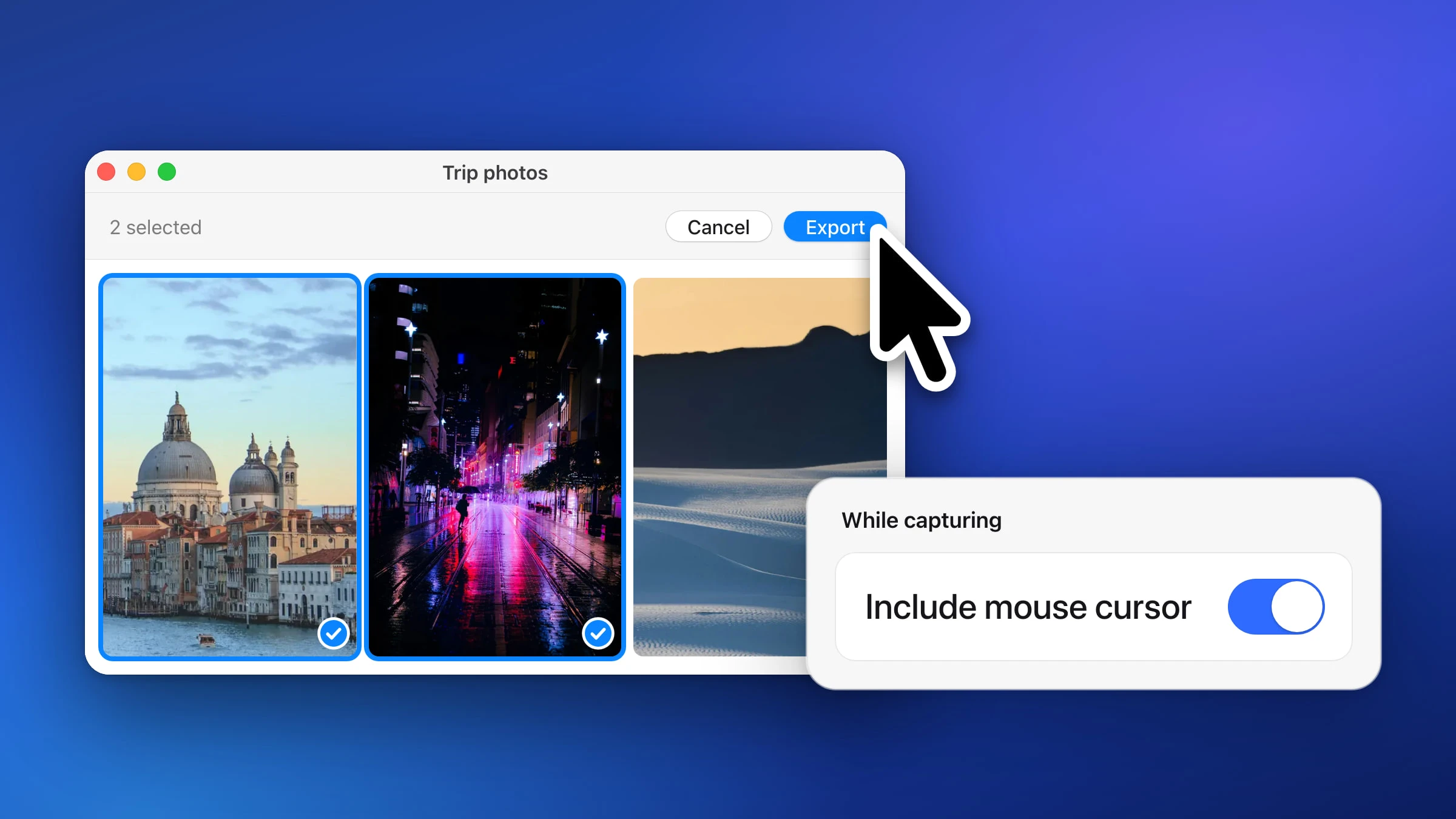 A Mac window of three trip photos of Venice, a neon street at night and desert dunes, with a large mouse pointer resting on its blue Export button, and beside it the Snapix setting Include mouse cursor, switched on, under While capturing