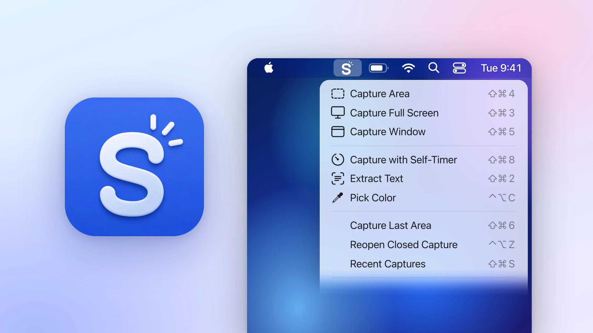The Snapix app icon beside a Mac screen whose menu bar has the Snapix icon clicked, its menu open on Capture Area ⇧⌘4, Capture Full Screen ⇧⌘3, Capture Window ⇧⌘5 and the other items down to Recent Captures