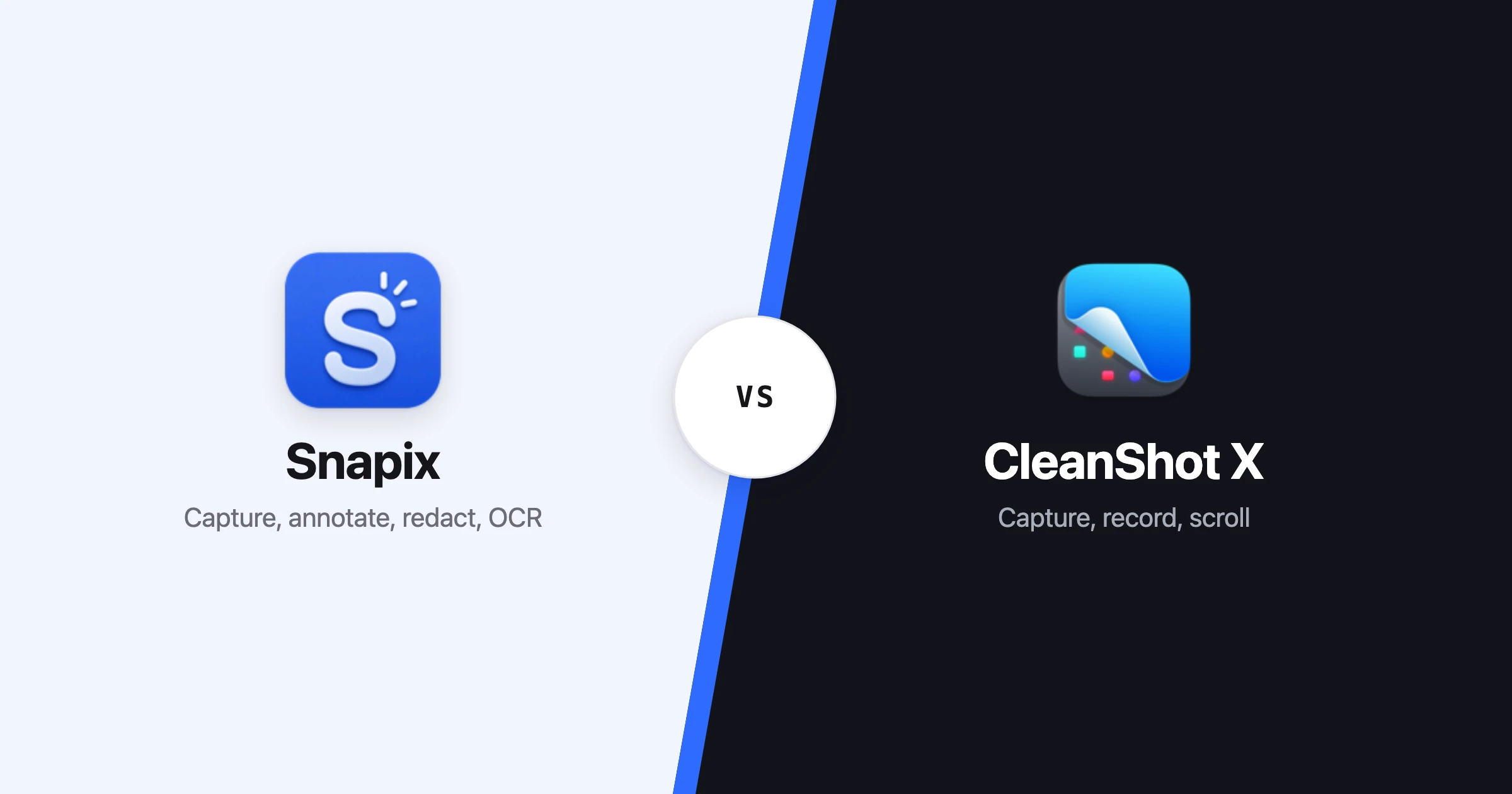 Snapix and CleanShot X side by side — capture, annotate, redact and OCR versus capture, record and scrolling capture
