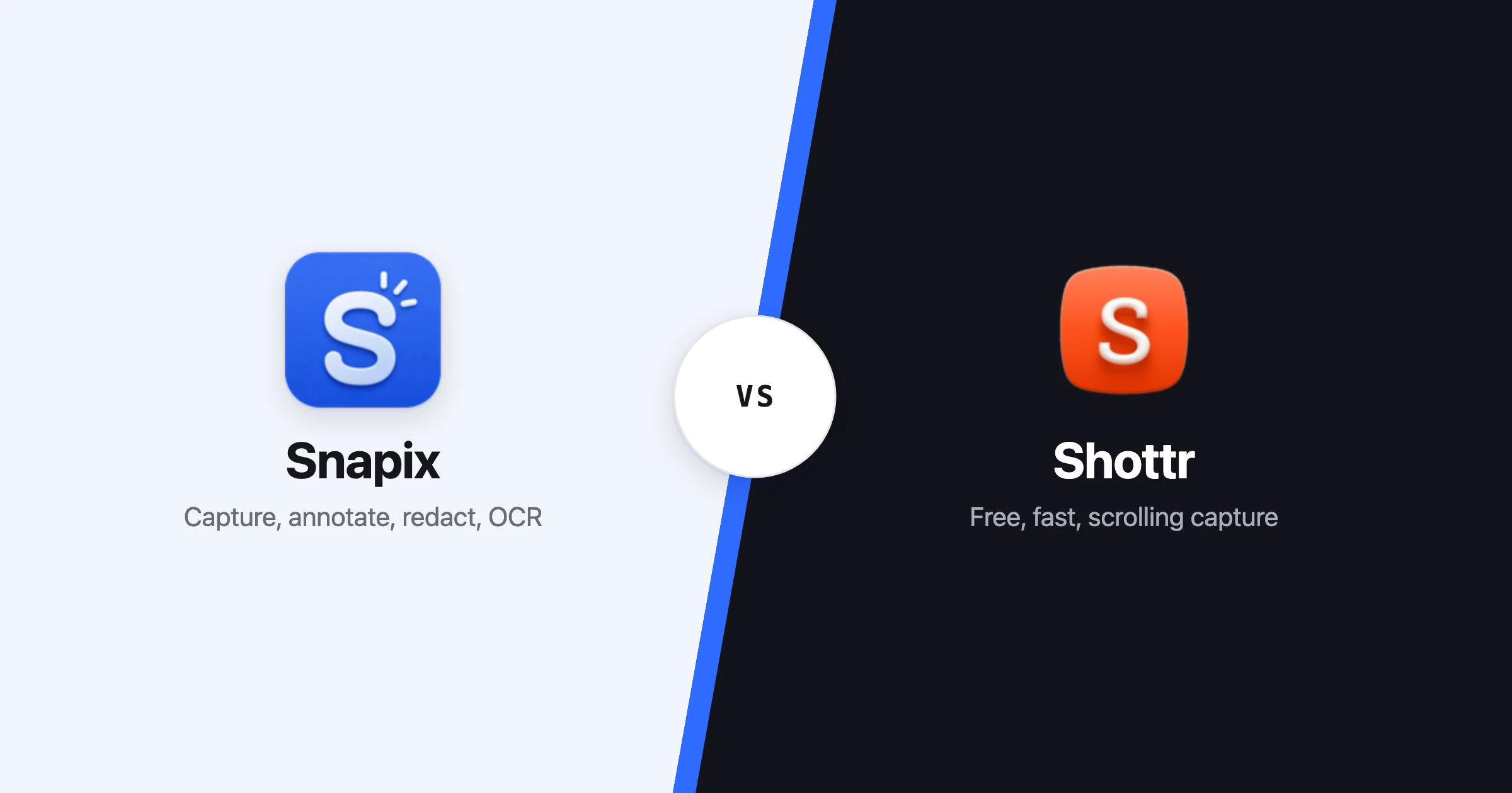Snapix and Shottr side by side — capture, annotate, redact and OCR versus a free, fast tool with scrolling capture