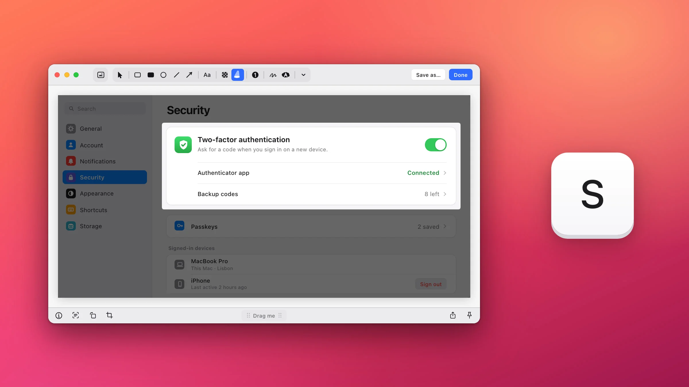 The Snapix editor with the Spotlight tool picked over an app's Security settings: the Two-factor authentication card stays bright and the rest of the page is dimmed under a dark shade, beside a large S keycap