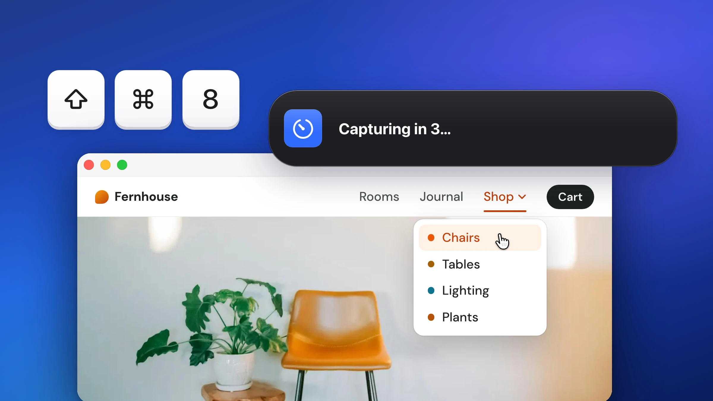 A window showing a furniture shop's website with its Shop menu open on hover and the pointer on Chairs, the dark Snapix banner Capturing in 3… with its blue timer icon over the window's top-right corner, and large ⇧ ⌘ 8 keycaps