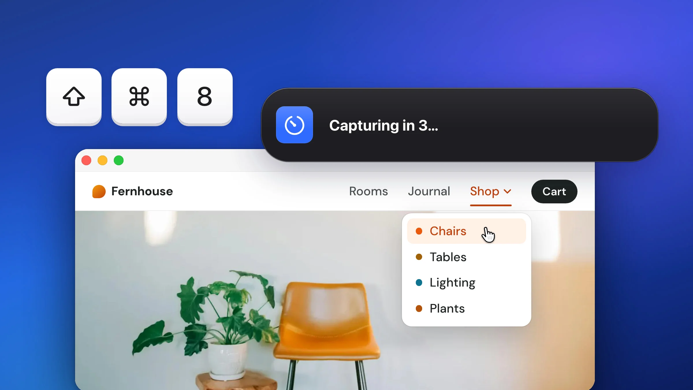 A window showing a furniture shop's website with its Shop menu open on hover and the pointer on Chairs, the dark Snapix banner Capturing in 3… with its blue timer icon over the window's top-right corner, and large ⇧ ⌘ 8 keycaps