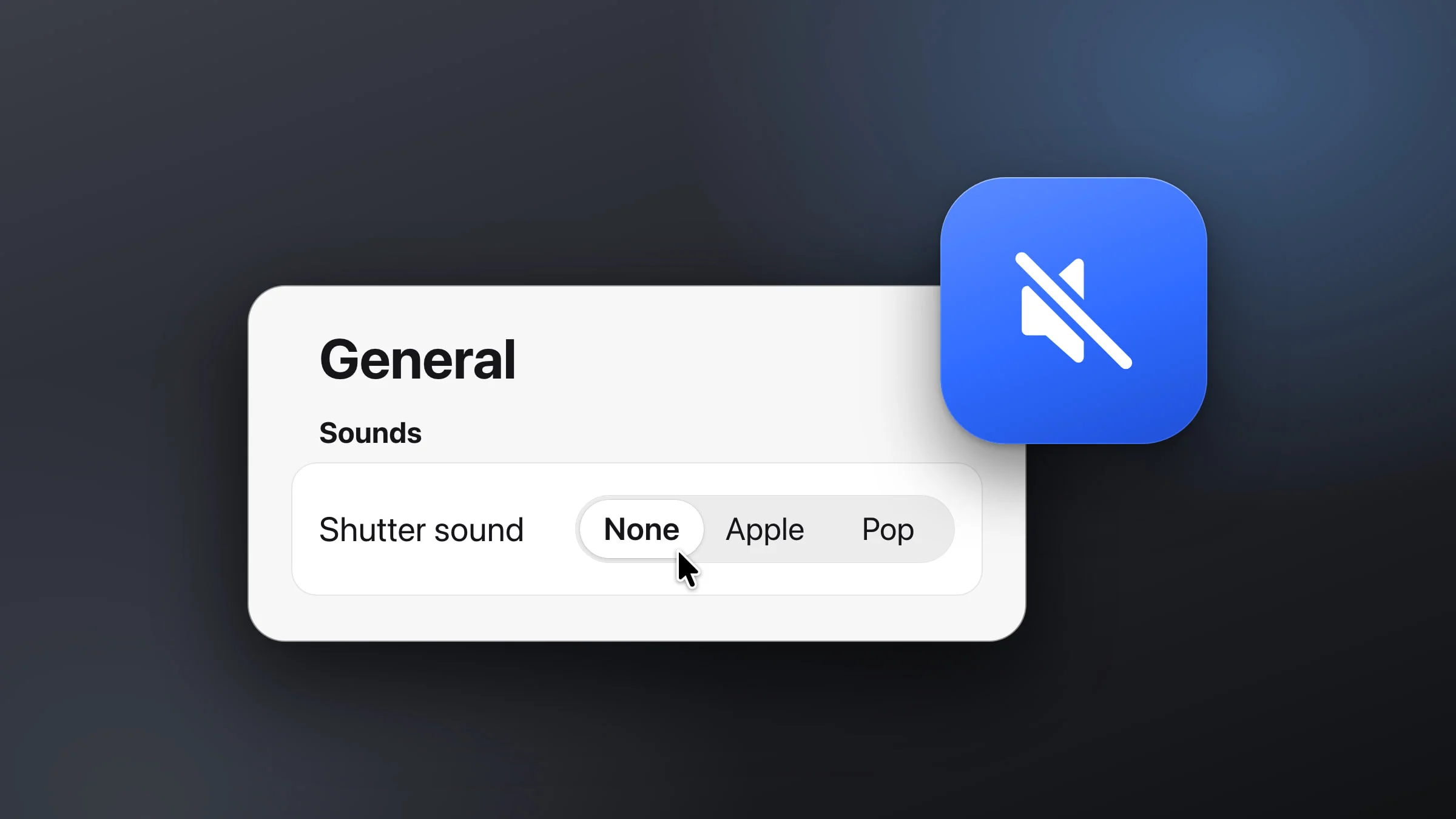 Snapix Settings on a dark graphite background, open on General ▸ Sounds, with the pointer clicking None in the Shutter sound control and a blue tile with a slashed speaker icon on the card's corner