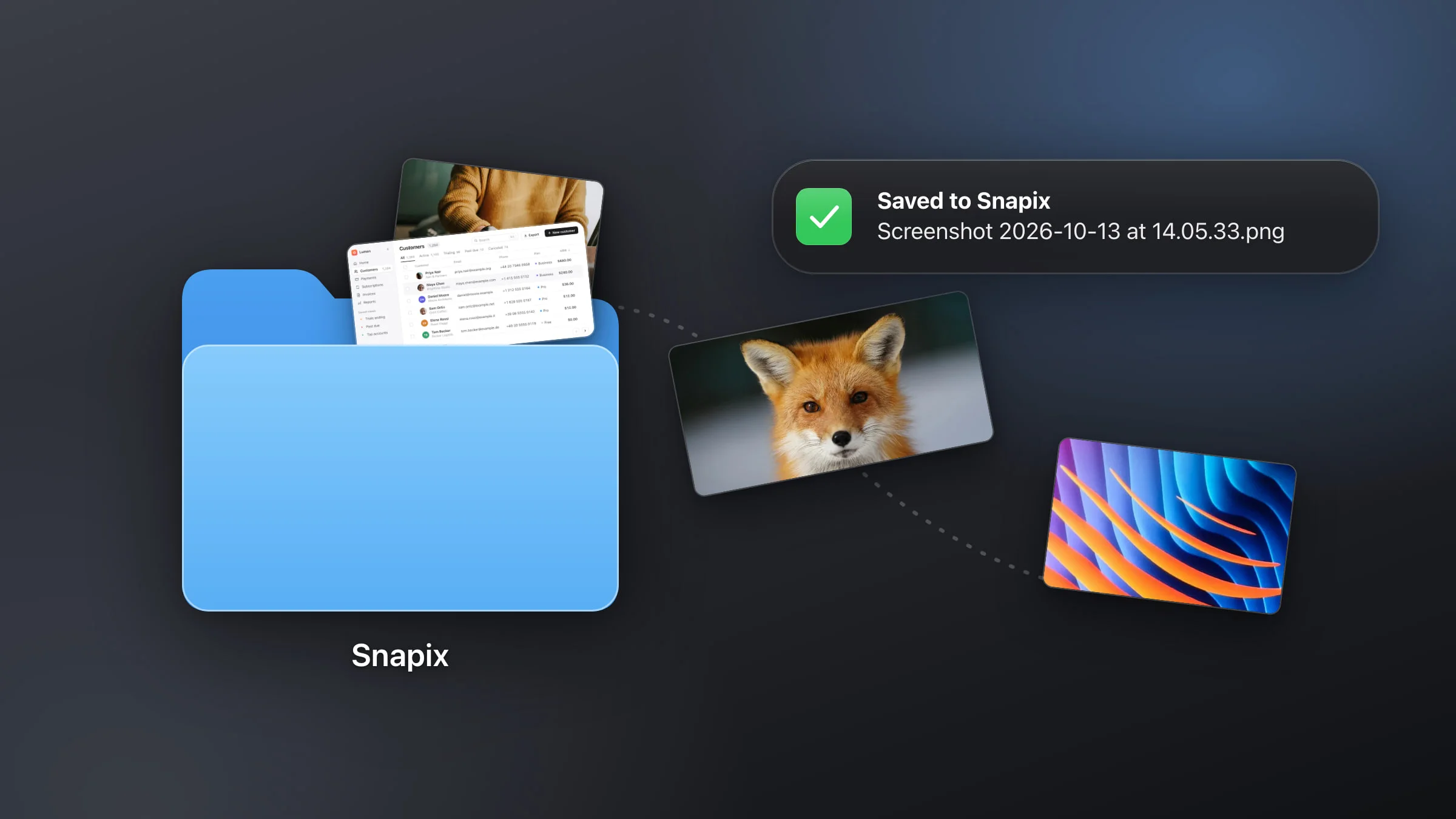 A large blue folder named Snapix with screenshots tucked inside and two more sliding into it, and the Snapix banner "Saved to Snapix" with the file name Screenshot 2026-10-13 at 14.05.33.png