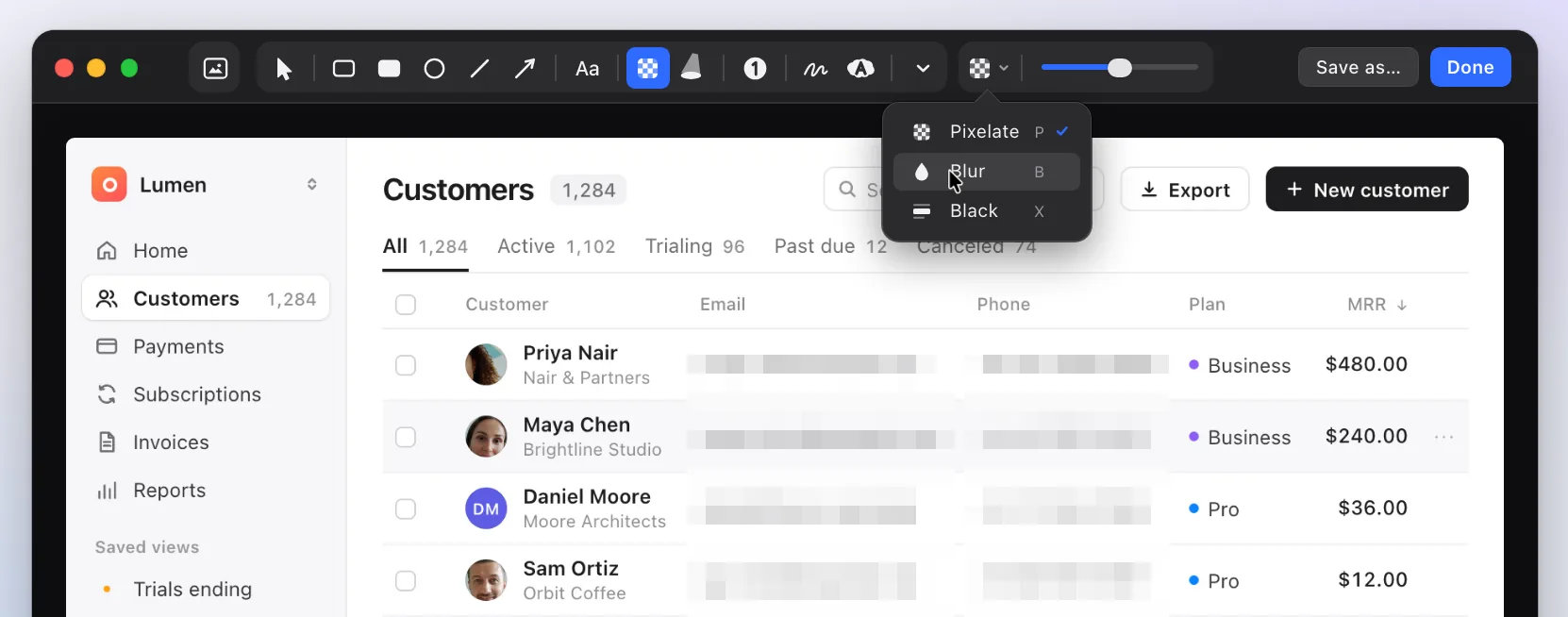 The Snapix editor on Mac with a customer table open: the Email and Phone columns are pixelated, and the redact menu under the toolbar lists Pixelate (P), Blur (B) and Black (X), with the pointer on Blur