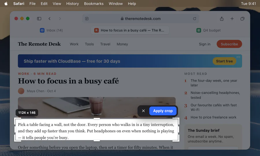 A busy screenshot of a blog in Safari — menu bar, tabs, an ad, a sidebar — dimmed around a crop frame that holds just the one paragraph to read, with an Apply crop button beside it