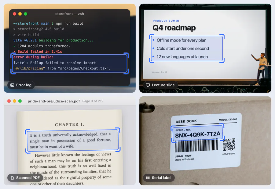 Four real captures OCR reads well, the text it picks out framed in each: a failed build in a terminal, the bullet points on a keynote slide, the opening paragraph of a scanned Pride and Prejudice page, and the serial number on a box label with its barcode and QR code