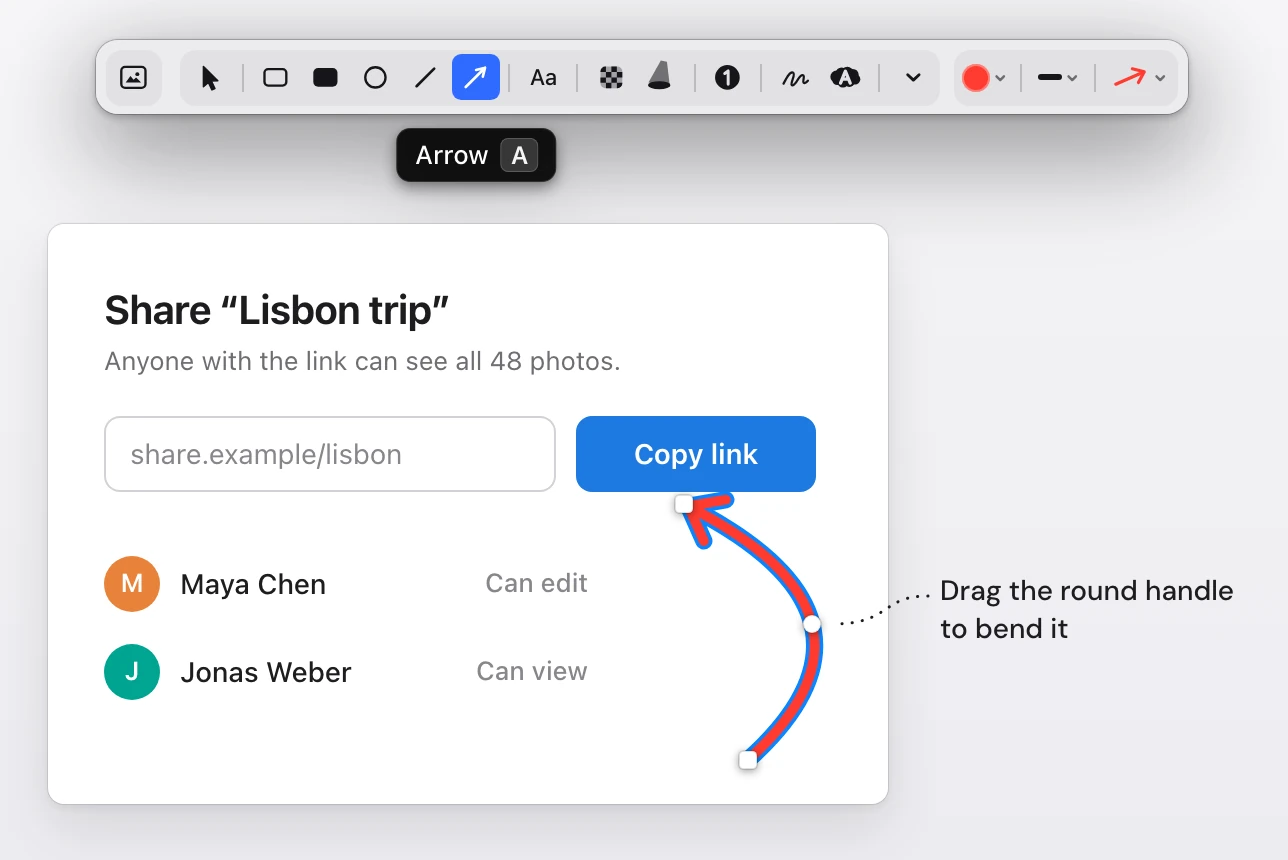 The Snapix toolbar with the Arrow tool picked and its tooltip, Arrow A, above a screenshot of a photo album's share card. A red curved arrow points at the Copy link button and is selected, with square handles at both ends and a round handle in the middle for bending it