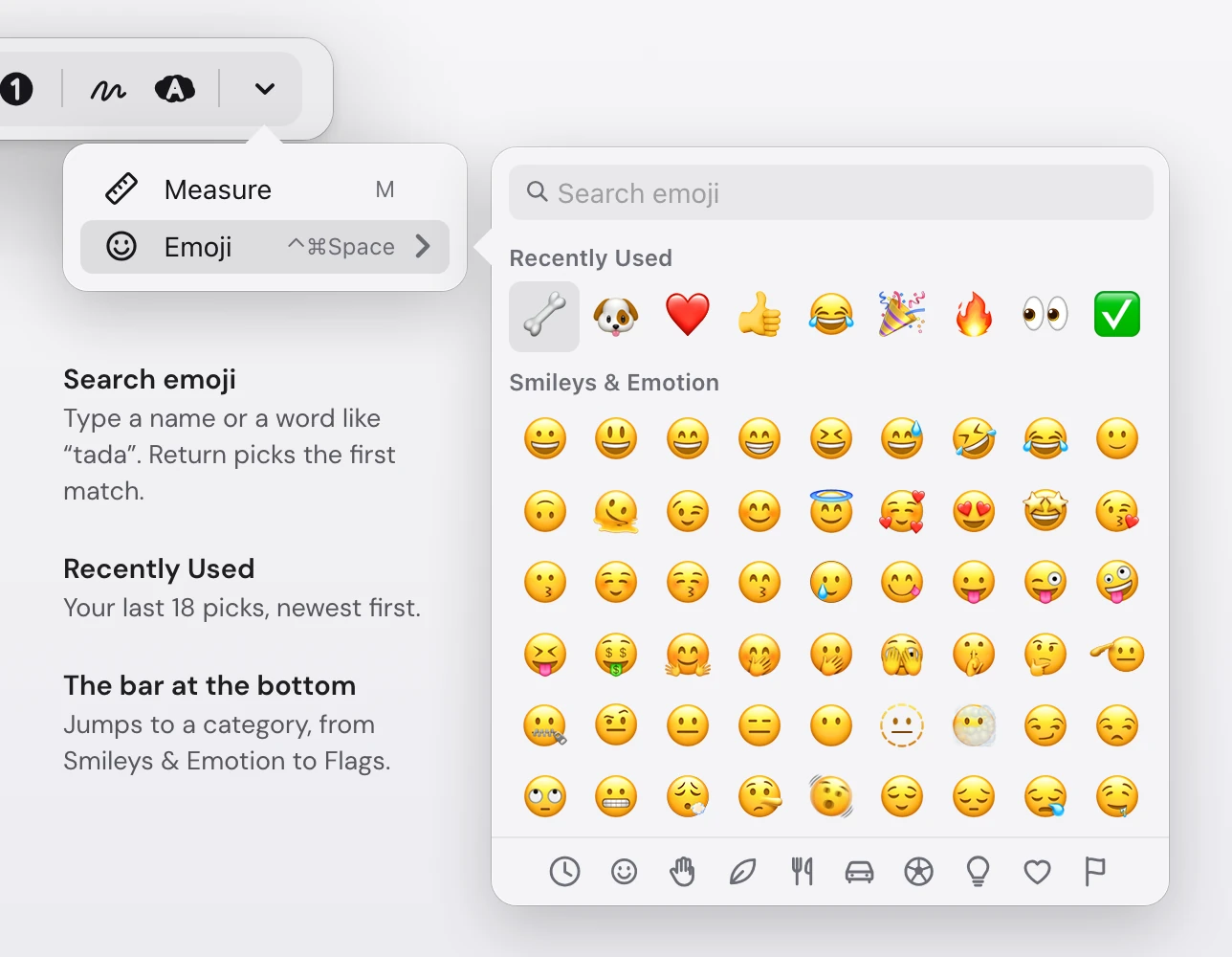 The end of the Snapix toolbar with the More tools menu open, listing Measure (M) and Emoji (⌃⌘Space), and beside it the emoji list: a Search emoji field, a Recently Used row, the Smileys & Emotion grid and a bar of category symbols at the bottom