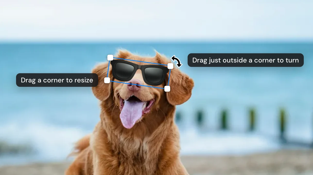 A retriever on a beach wearing a sunglasses emoji sticker, tilted to match its head and selected in Snapix: a blue frame with a white handle at each corner and the curved rotate pointer just outside the top-right corner, with labels reading Drag a corner to resize and Drag just outside a corner to turn