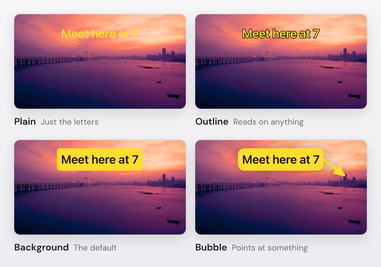 The same yellow label, Meet here at 7, on a sunset skyline in Snapix's four text styles: Plain (hard to read on the sky), Outline (dark edge), Background (yellow chip, the default) and Bubble (a chip whose arrow points at a tower)