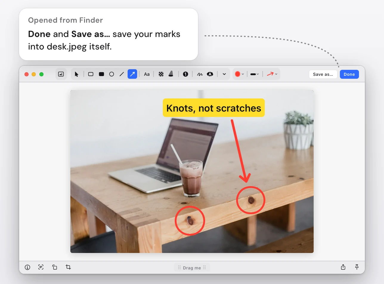 The Snapix editor with a photo of a wooden desk opened from Finder: two knots in the wood circled in red, a yellow label reading Knots, not scratches with a red arrow, and a note pointing at the Save as… and Done buttons that says both save the marks into desk.jpeg itself