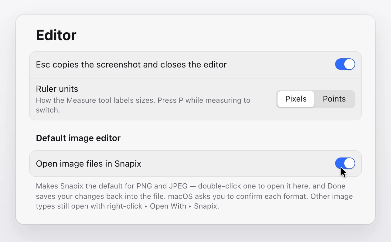 Snapix Settings, Editor page: under Default image editor the Open image files in Snapix switch is on, above a note that it makes Snapix the default for PNG and JPEG and that macOS asks you to confirm each format