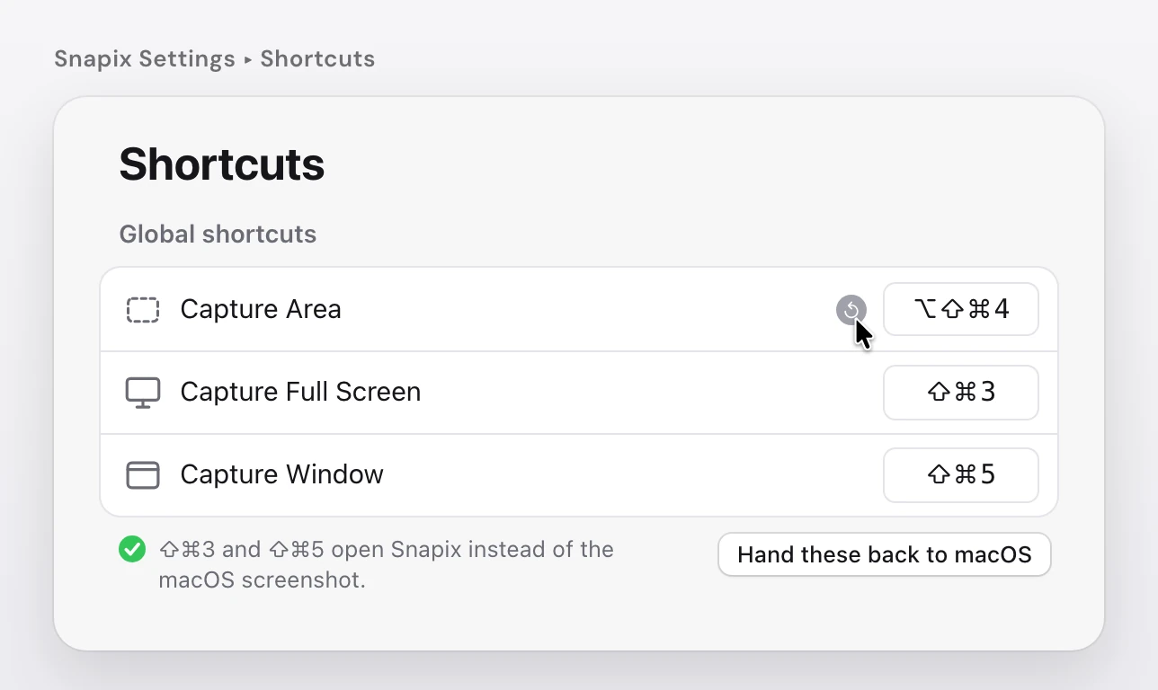 Snapix Settings, Shortcuts page: Capture Area now set to Option-Shift-Command-4 with its reset arrow, Capture Full Screen and Capture Window still on Shift-Command-3 and Shift-Command-5, and the Hand these back to macOS button