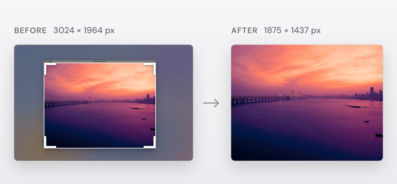 Before: a full-screen Mac screenshot, 3024 × 1964 pixels, with a crop frame around a photo of a harbor at dusk open in a window and the rest of the screen dimmed. After: the cropped screenshot, just the photo, 1875 × 1437 pixels