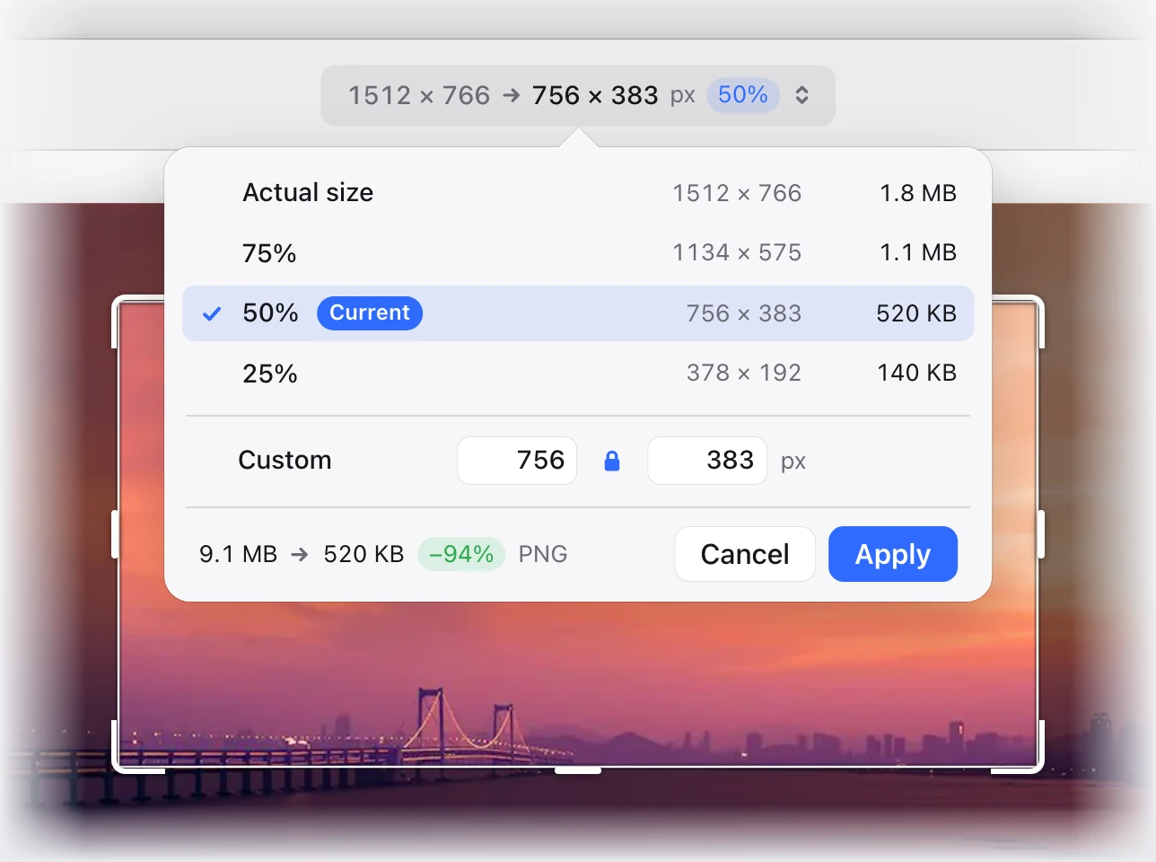 The Snapix editor in crop mode with the size menu open below the top bar, which reads 1512 × 766 → 756 × 383 px, 50%. The menu lists Actual size, 75%, 50% (checked, marked Current) and 25% with their pixel and file sizes, then Custom with width and height fields and a lock, then 9.1 MB → 520 KB, −94%, PNG, and the Cancel and Apply buttons