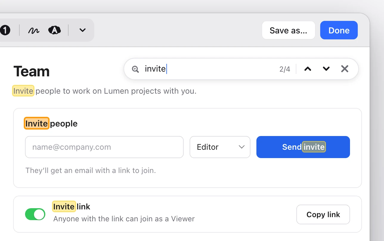 The Snapix editor with its find bar open over a team settings page: invite is typed, the count reads 2/4, every Invite on the page is lit yellow, and the current match, in Invite people, is ringed in orange