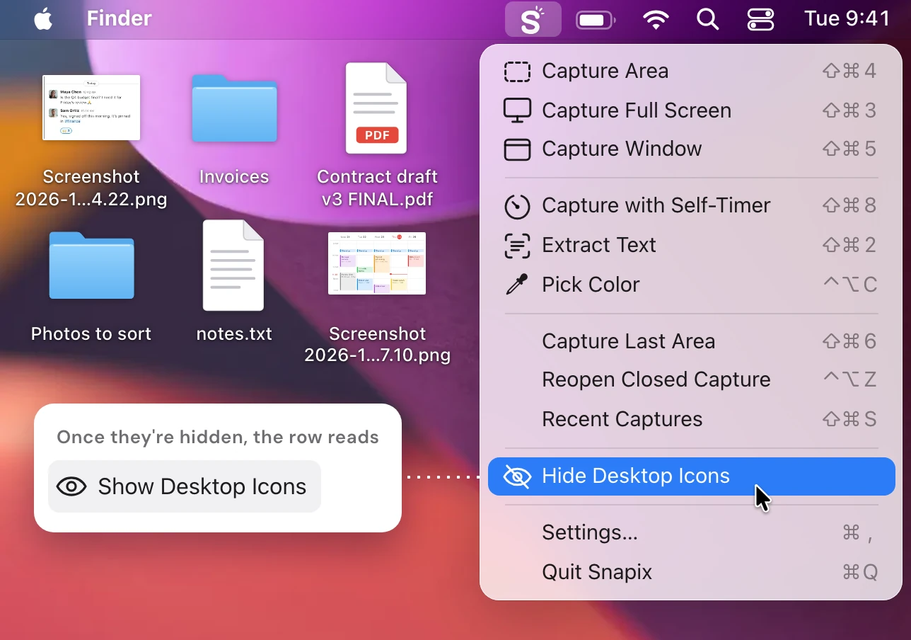 The Snapix menu open from the menu bar over a desktop with folders, a PDF and screenshot files, with the pointer on Hide Desktop Icons, the row after Recent Captures. A note beside it shows the same row reading Show Desktop Icons with an eye icon once the icons are hidden