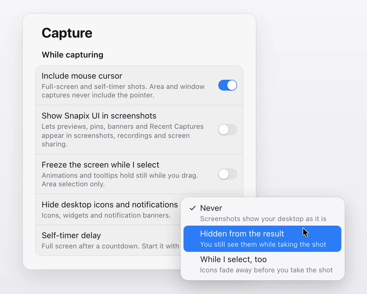 Snapix Settings, Capture page, While capturing section, with the Hide desktop icons and notifications pop-up open below the Freeze the screen while I select switch: three choices, Never (checked), Hidden from the result and While I select, too, each with a one-line description