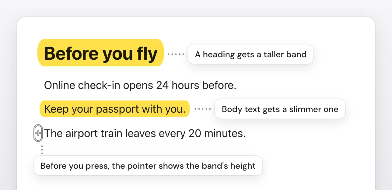 A page with the heading Before you fly marked by a tall yellow band and a line of body text marked by a slimmer one, while the Snapix highlighter pointer, a small pill with a cross, hovers before the next line at the height of its text