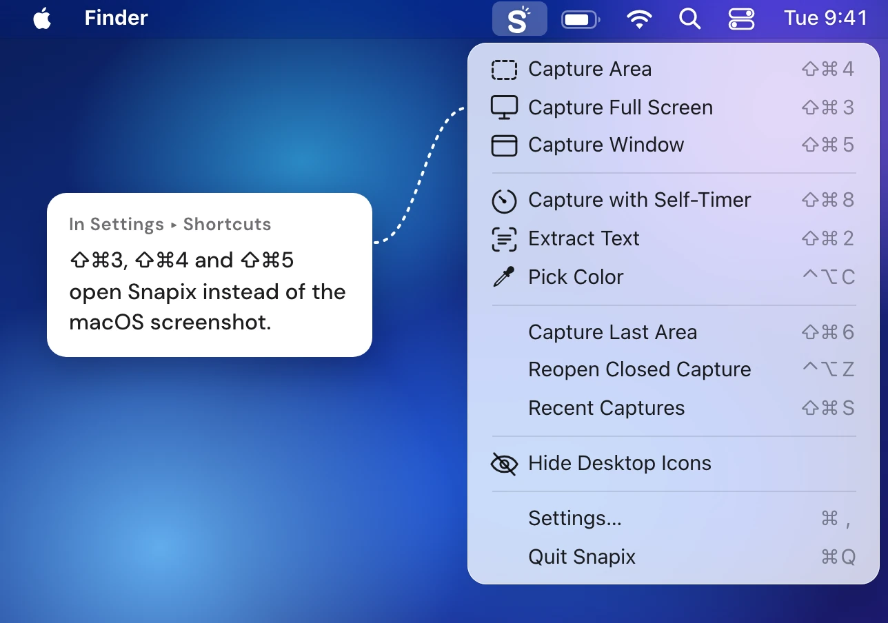 The Snapix menu open under its menu bar icon: Capture Area Shift-Command-4, Capture Full Screen Shift-Command-3 and Capture Window Shift-Command-5, then Capture with Self-Timer, Extract Text, Pick Color, Capture Last Area, Reopen Closed Capture, Recent Captures and Hide Desktop Icons