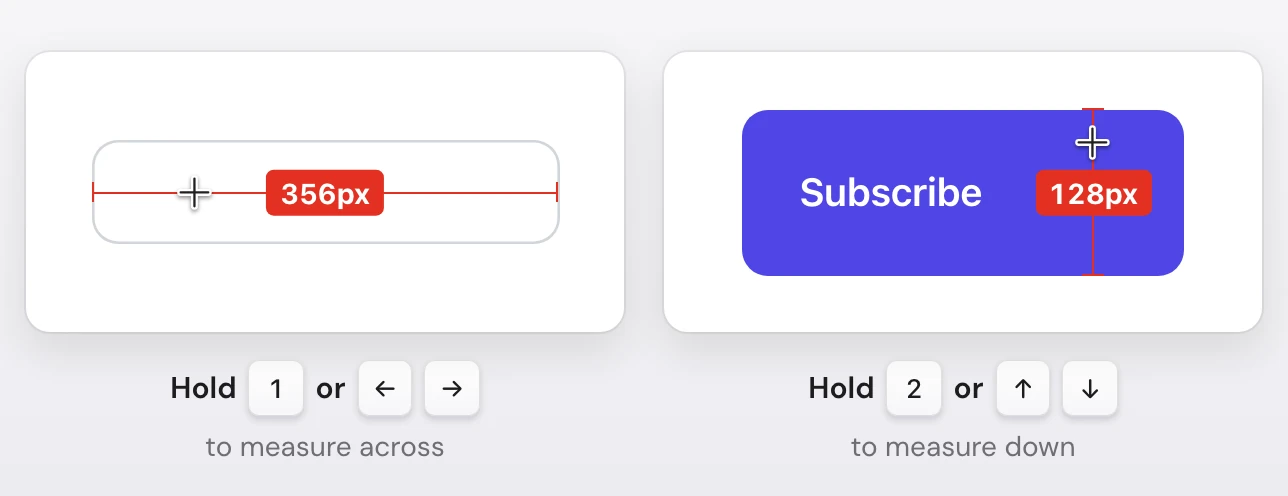 Two Snapix live rulers with the crosshair pointer. Holding 1 (or the left or right arrow key) over an empty text field draws a ruler across its inside, labeled 356px. Holding 2 (or the up or down arrow key) over a Subscribe button draws one down its height, labeled 128px