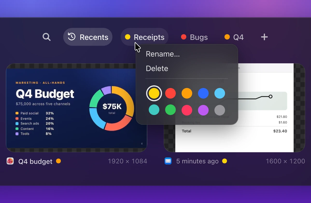 The Snapix Recent Captures bar with pills for Recents, Receipts, Bugs and Q4. The Receipts pill has been right-clicked, and its menu shows Rename…, Delete and a grid of ten colors with yellow ringed. Below it, the screenshot cards wear their lists' colored dots